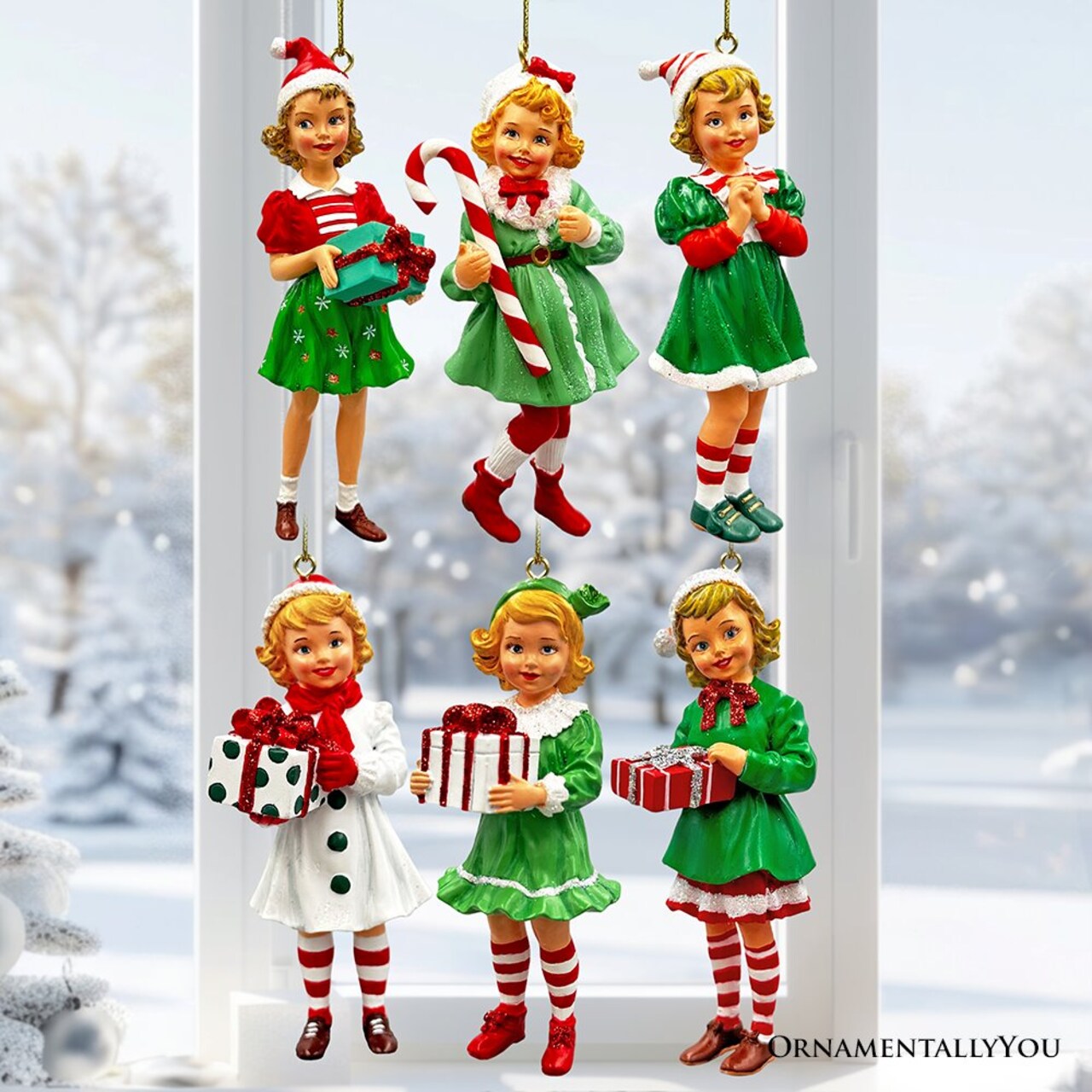 Nostalgic Victorian Christmas Girl Charming Set of 6 Ornaments, Vintage Old Fashioned Resin Holiday Decoration